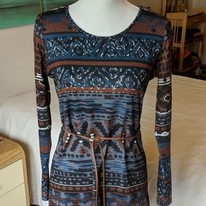 Tribal jeans belted bohemian tunic dress